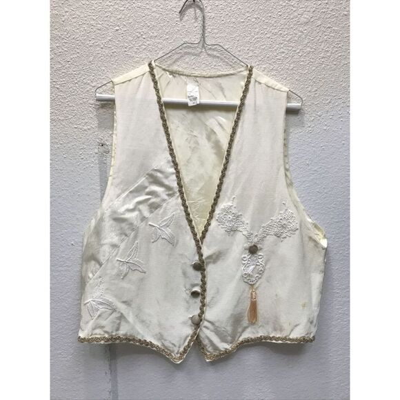 Vintage Women Vest Appliqué 3-Button Lined Cotton Blend M/L USA Ivory - Picture 1 of 10